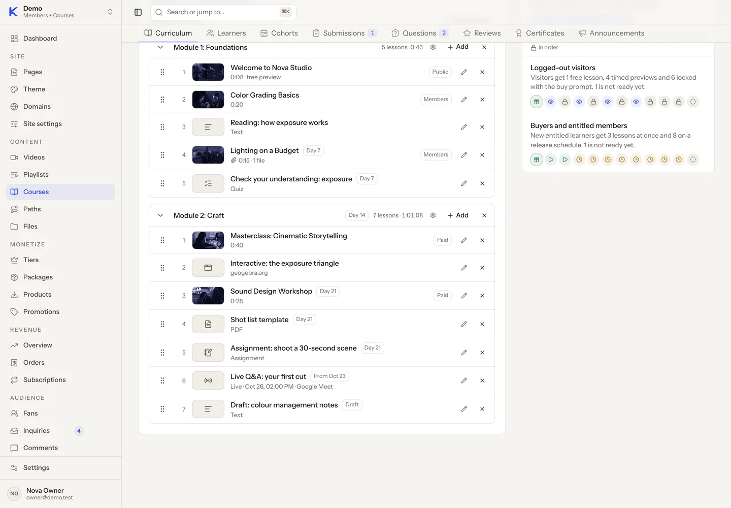 The course curriculum in the dashboard: two modules of ordered lessons with free preview, members, paid and drip day labels.