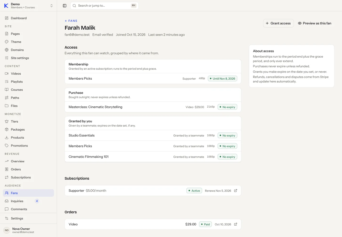 A fan's access page in the dashboard: what they can watch, grouped by membership, purchase and access granted by the creator, plus their subscriptions and orders.