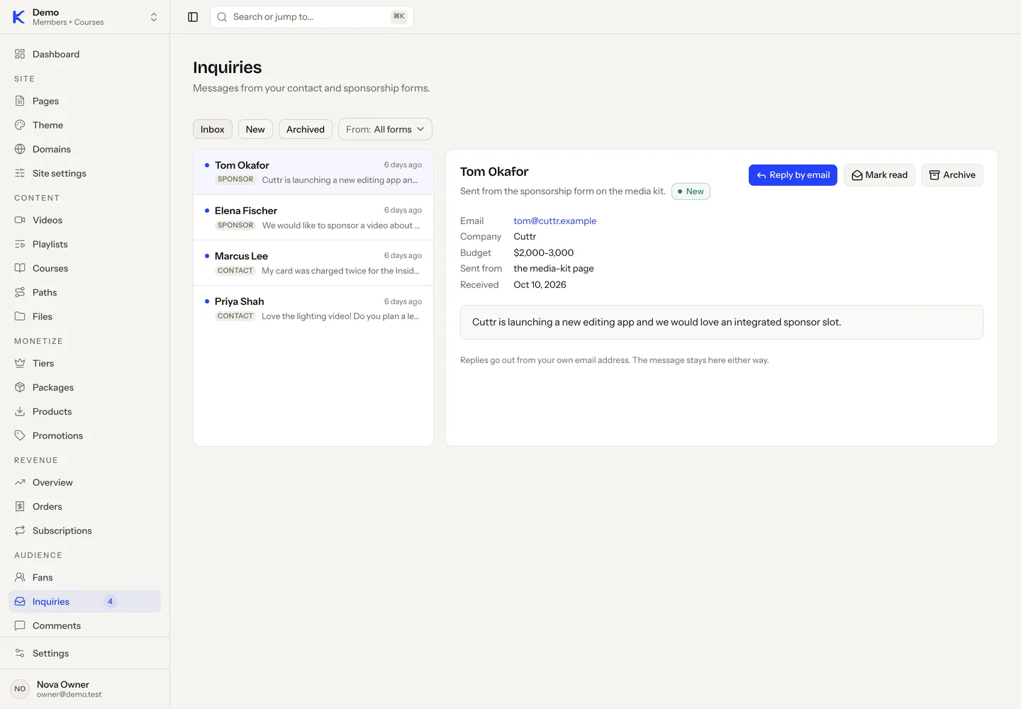 The Inquiries inbox in the dashboard with sponsorship and contact messages and one request open, showing company, budget and brief.