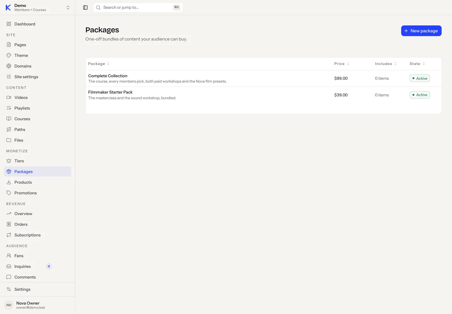 The Packages screen in the dashboard: two one-time bundles, Complete Collection at $99 and Filmmaker Starter Pack at $39.