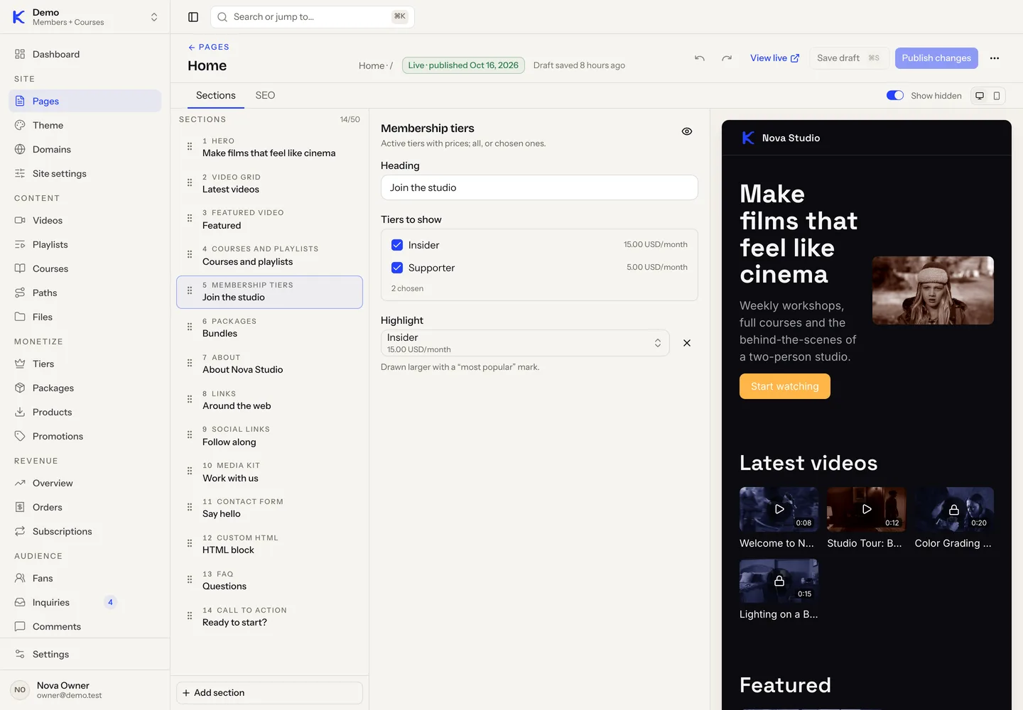 The page builder in the dashboard: the home page's fourteen sections on the left, a section's settings in the middle and a live preview on the right.