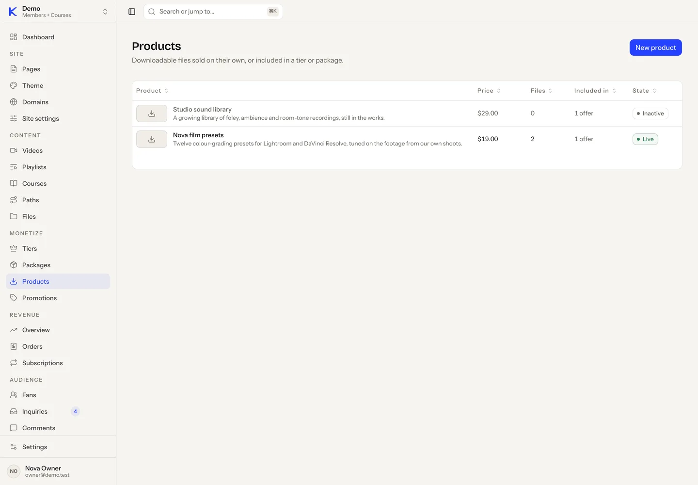 The Products screen in the dashboard: downloadable files with their price, file count, offers that include them and state.