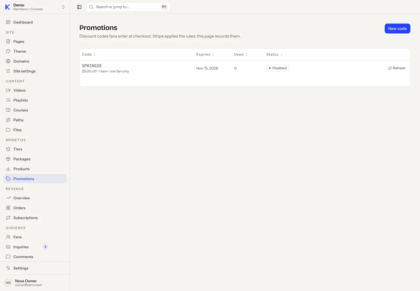 The Promotions screen in the dashboard with a discount code, its expiry date, uses and status.