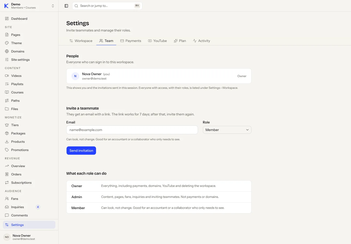 Team settings in the dashboard: invite a teammate by email with a role, and what the Owner, Admin and Member roles can do.