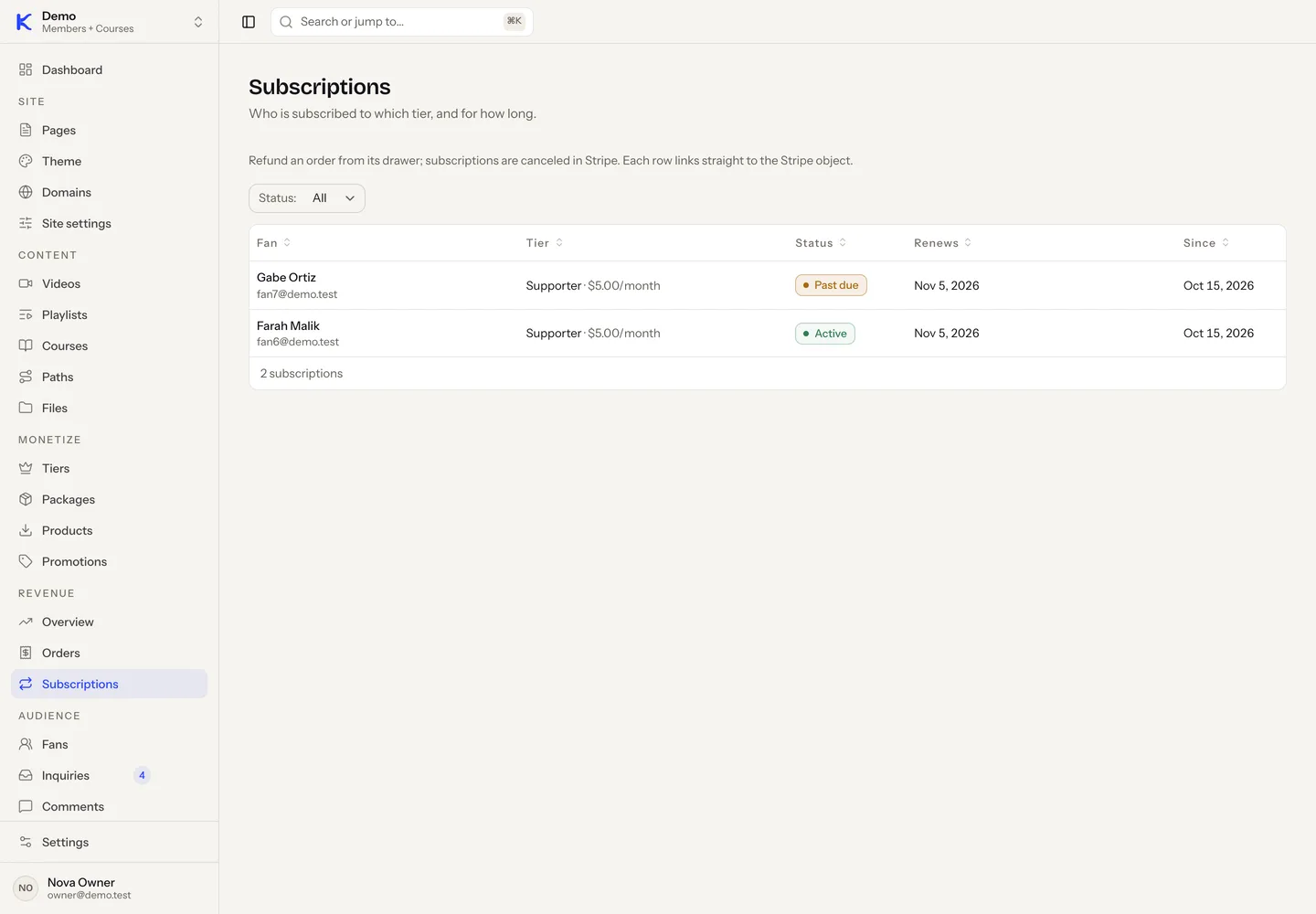 The Subscriptions screen listing each fan's tier, status, renewal date and start date, with one subscription past due.
