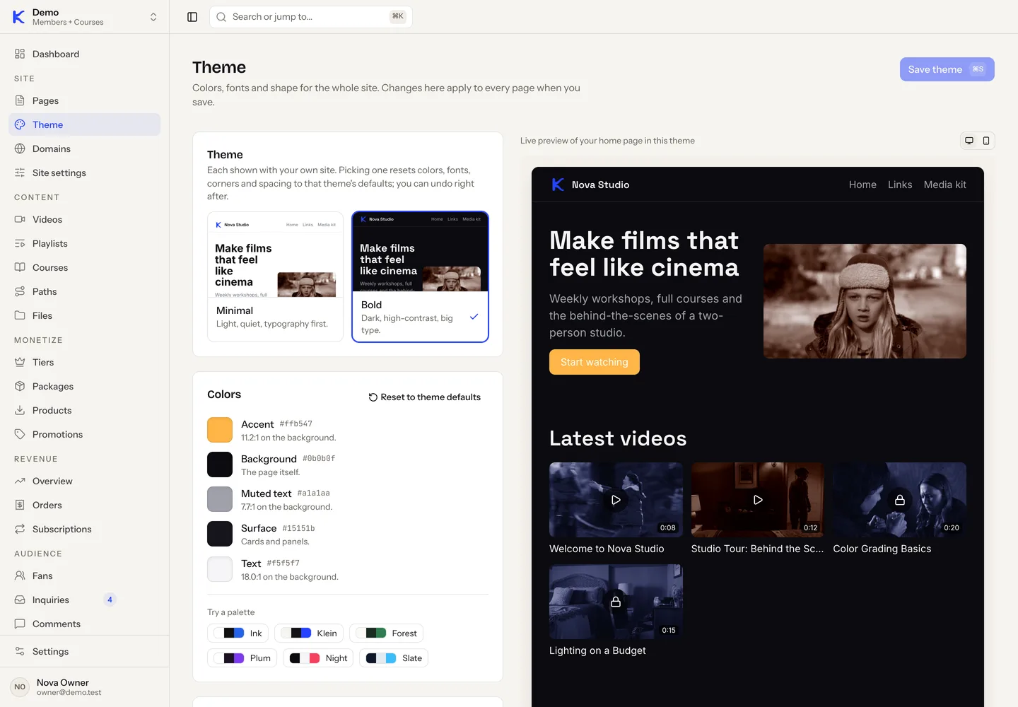 The Theme screen in the dashboard with theme choices, colour settings and a live preview of the home page.