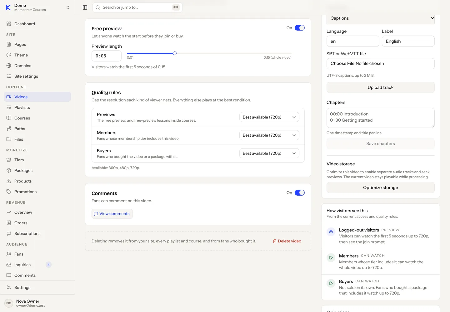 Video settings in the dashboard: a free preview length slider set to five seconds and the quality rules for previews, members and buyers.