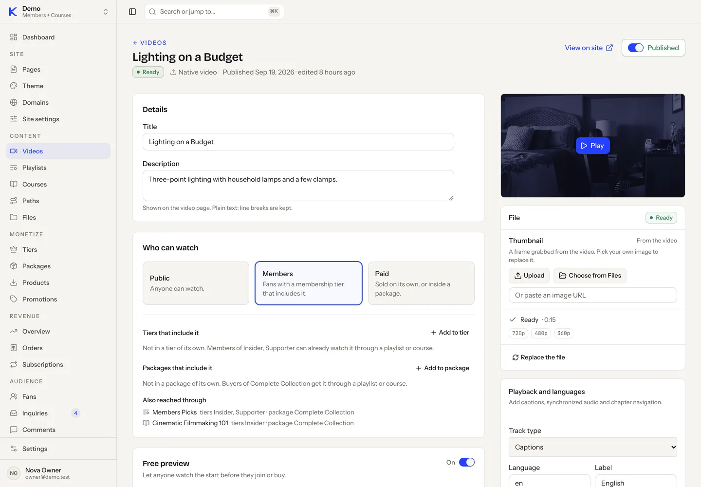 A video's settings in the dashboard with the Who can watch choice of Public, Members or Paid, the tiers that include it and the free preview switch.