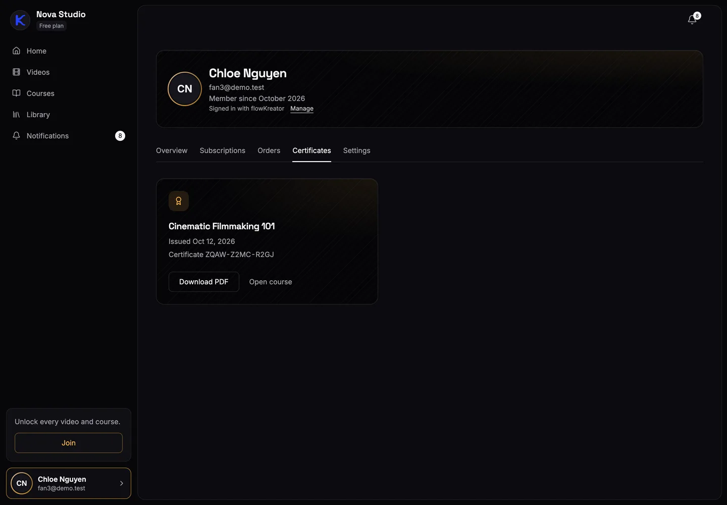 A fan's account on a creator's site showing a certificate for Cinematic Filmmaking 101 with a Download PDF button.