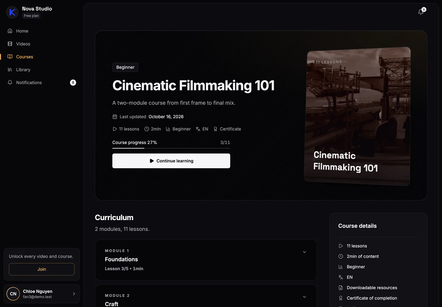 A course page on a creator's site: the course title, lesson count, the fan's progress and a Continue learning button.
