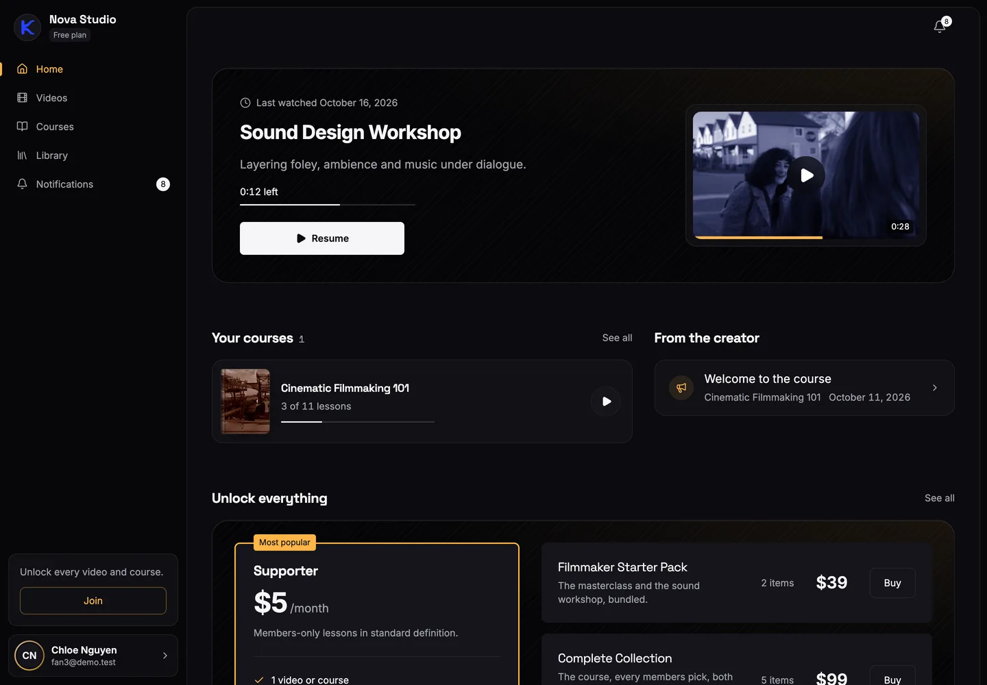 A signed-in fan's home on a creator's site with a Resume button for the last video, their courses and tiers they can unlock.