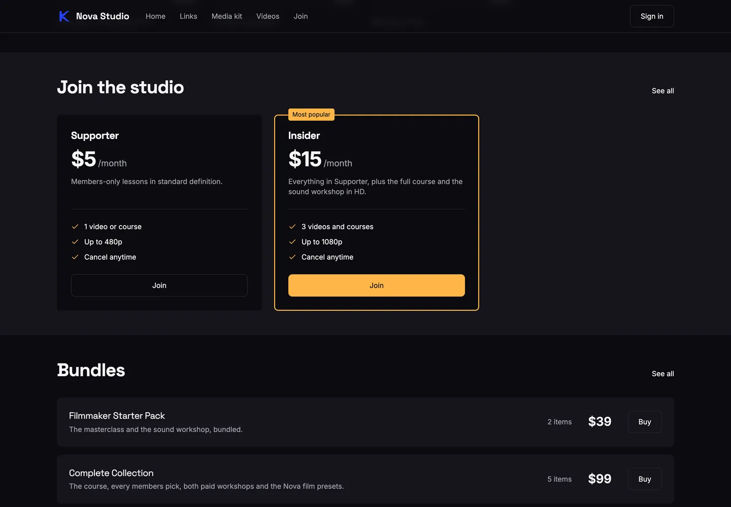 A section of a creator's public home page showing two membership tiers and two bundles with their prices.