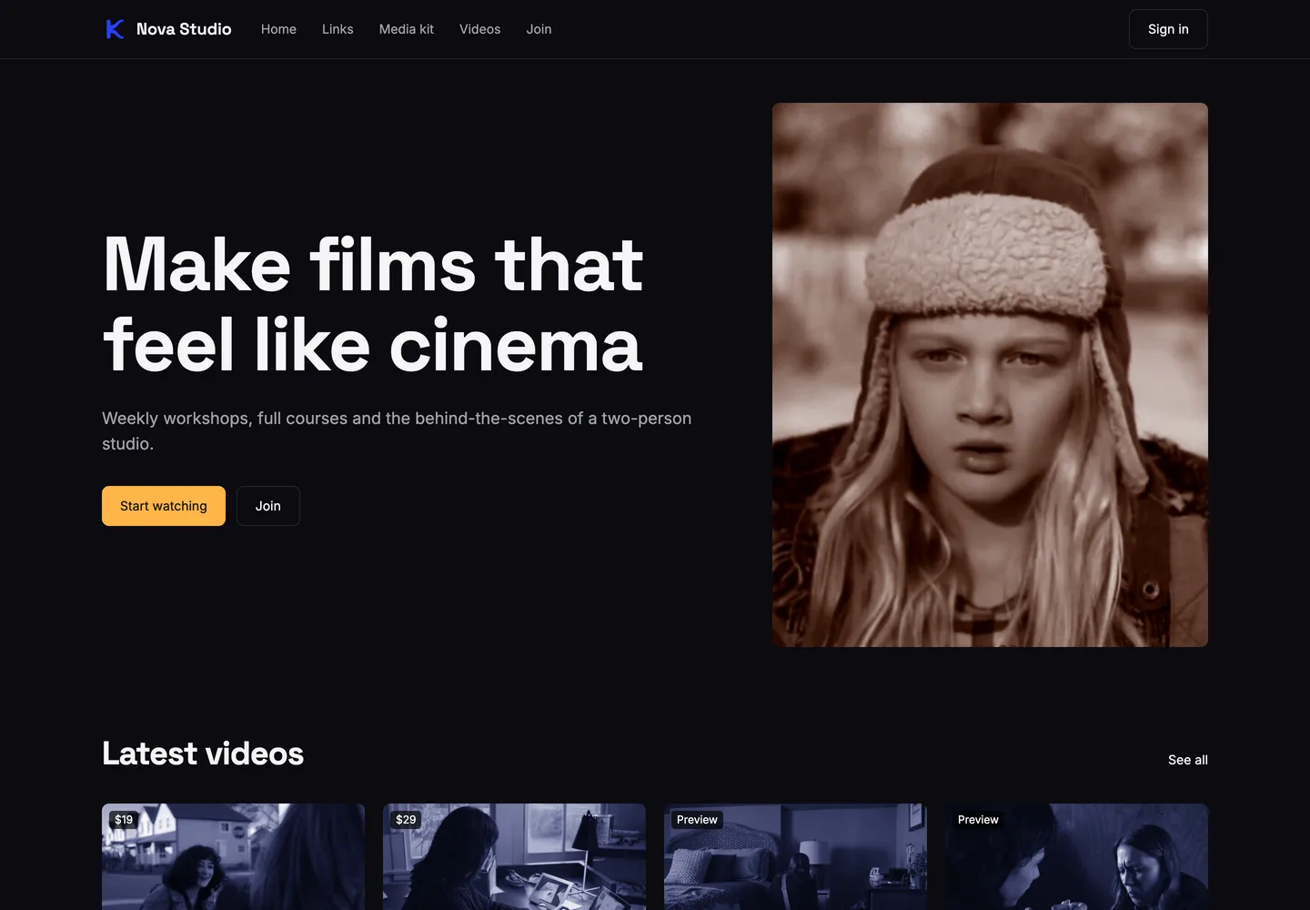 A creator's public home page on flowKreator with a headline, buttons to start watching or join, and the latest videos.