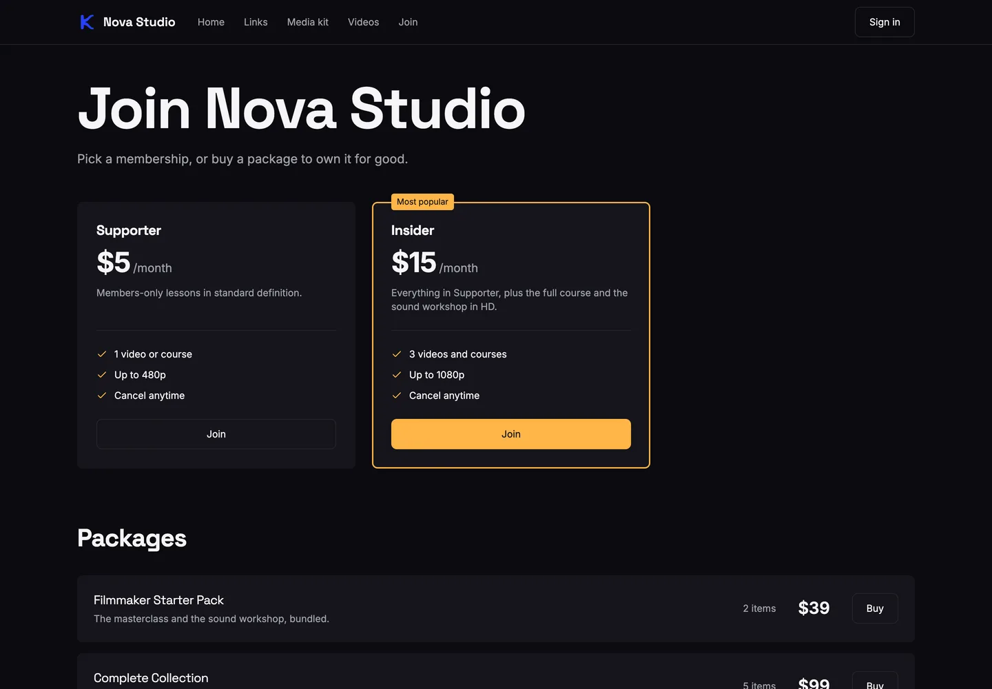 A creator's join page on their own site: Supporter and Insider tiers with prices and perks, and one-time packages below.