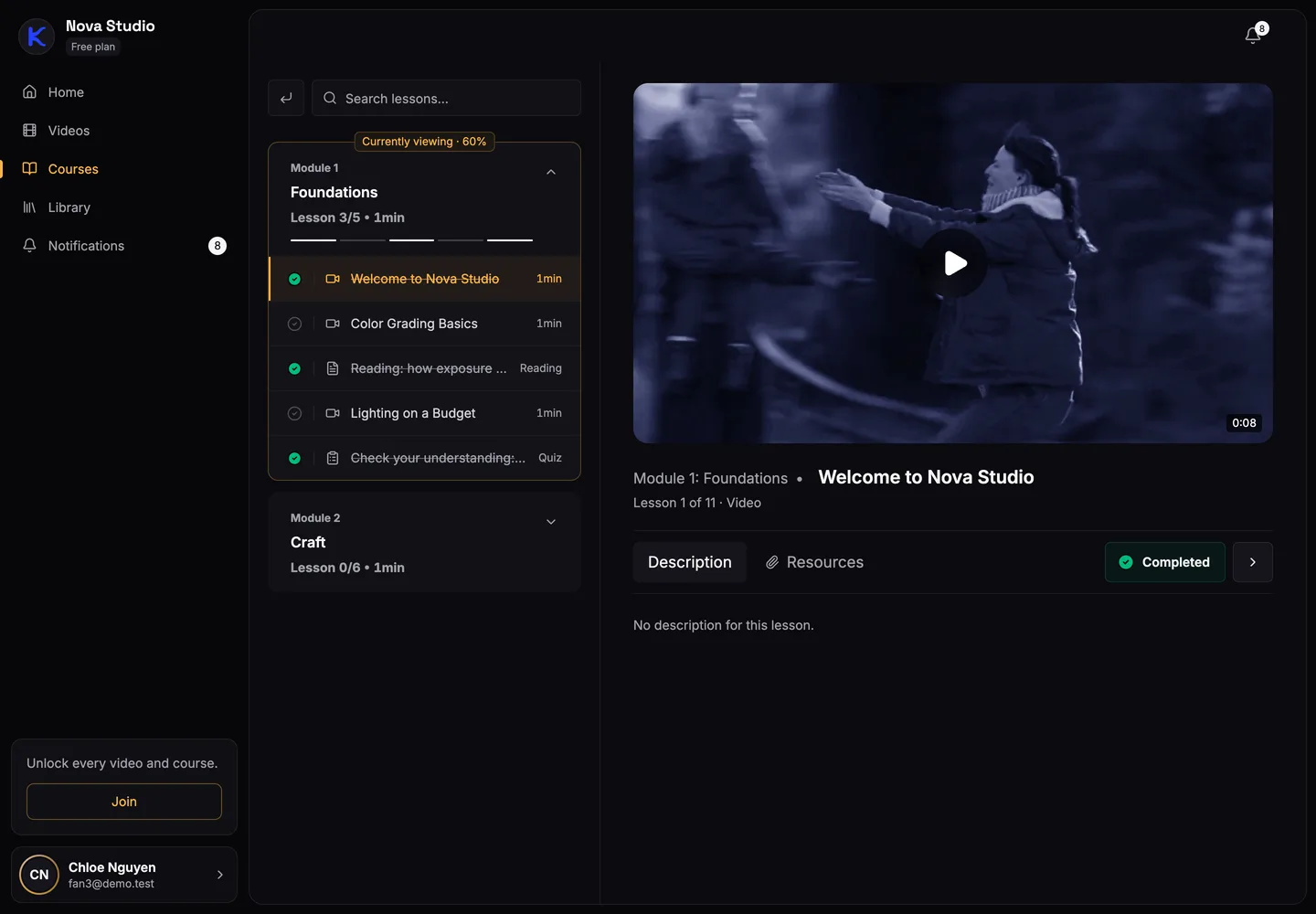 A course lesson on a creator's site: the video player, the module list with progress, and a Completed button.