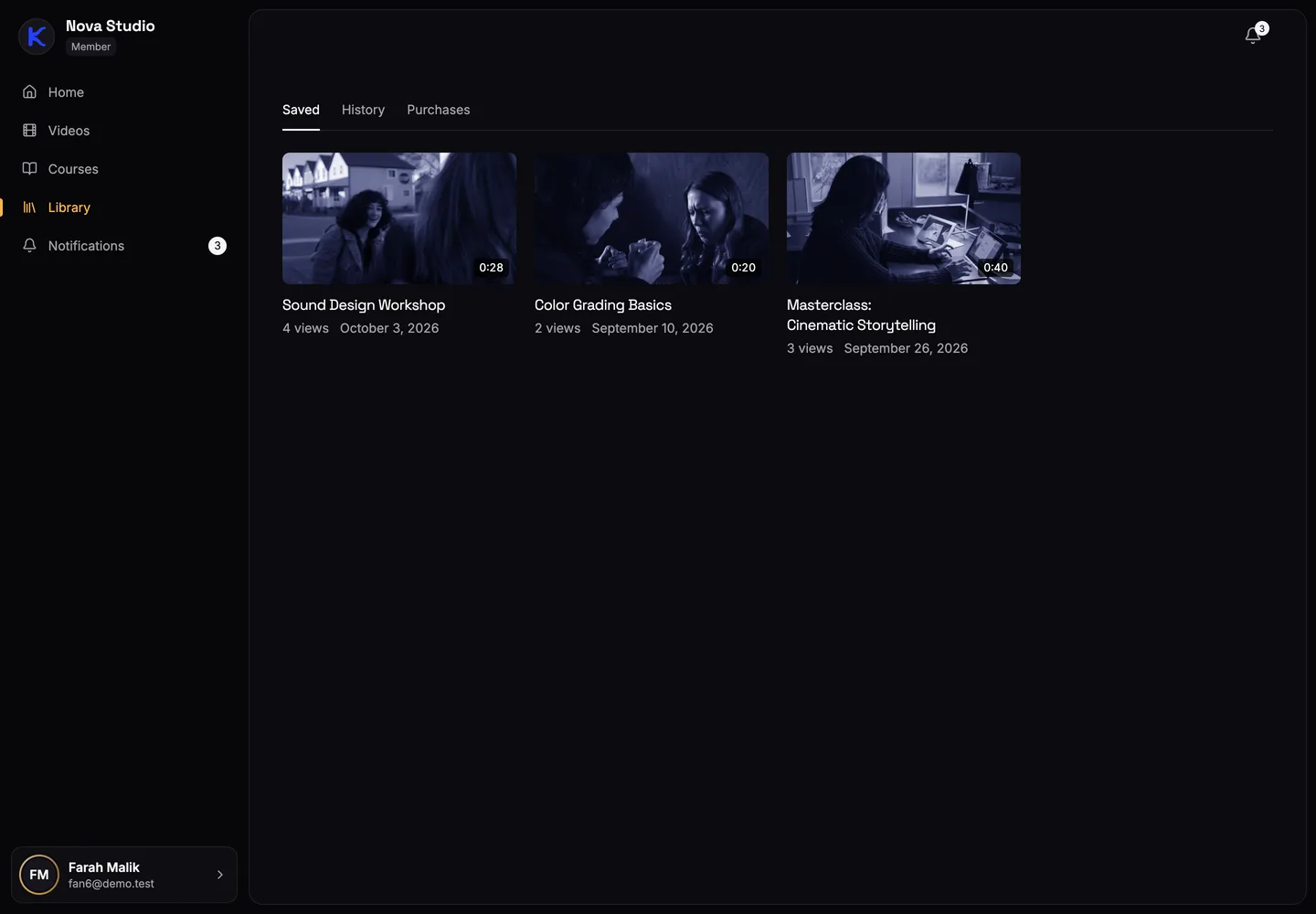 A fan's library on a creator's site with tabs for saved items, history and purchases.