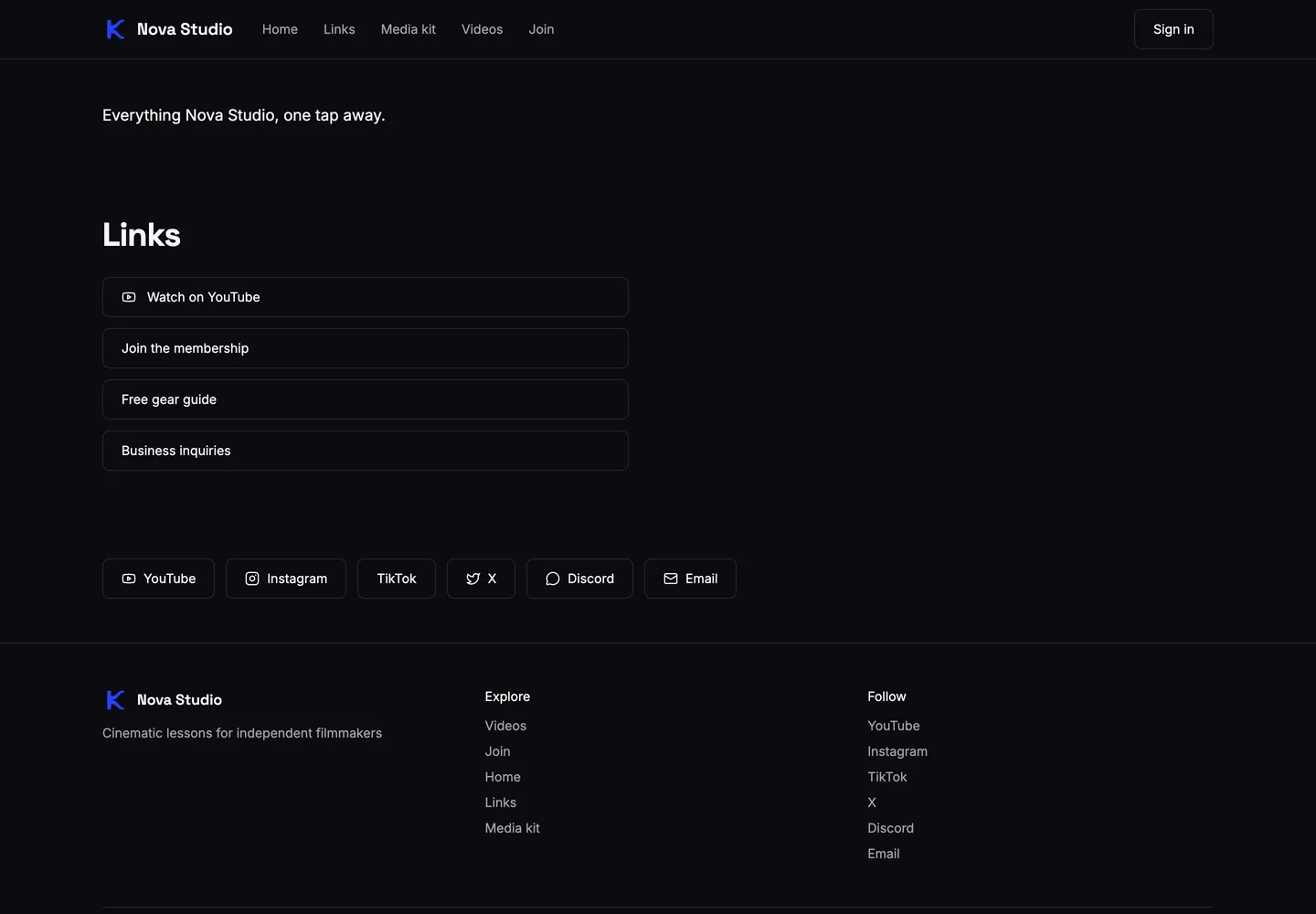 A creator's links page with buttons for YouTube, the membership, a free guide and business inquiries, plus social links.