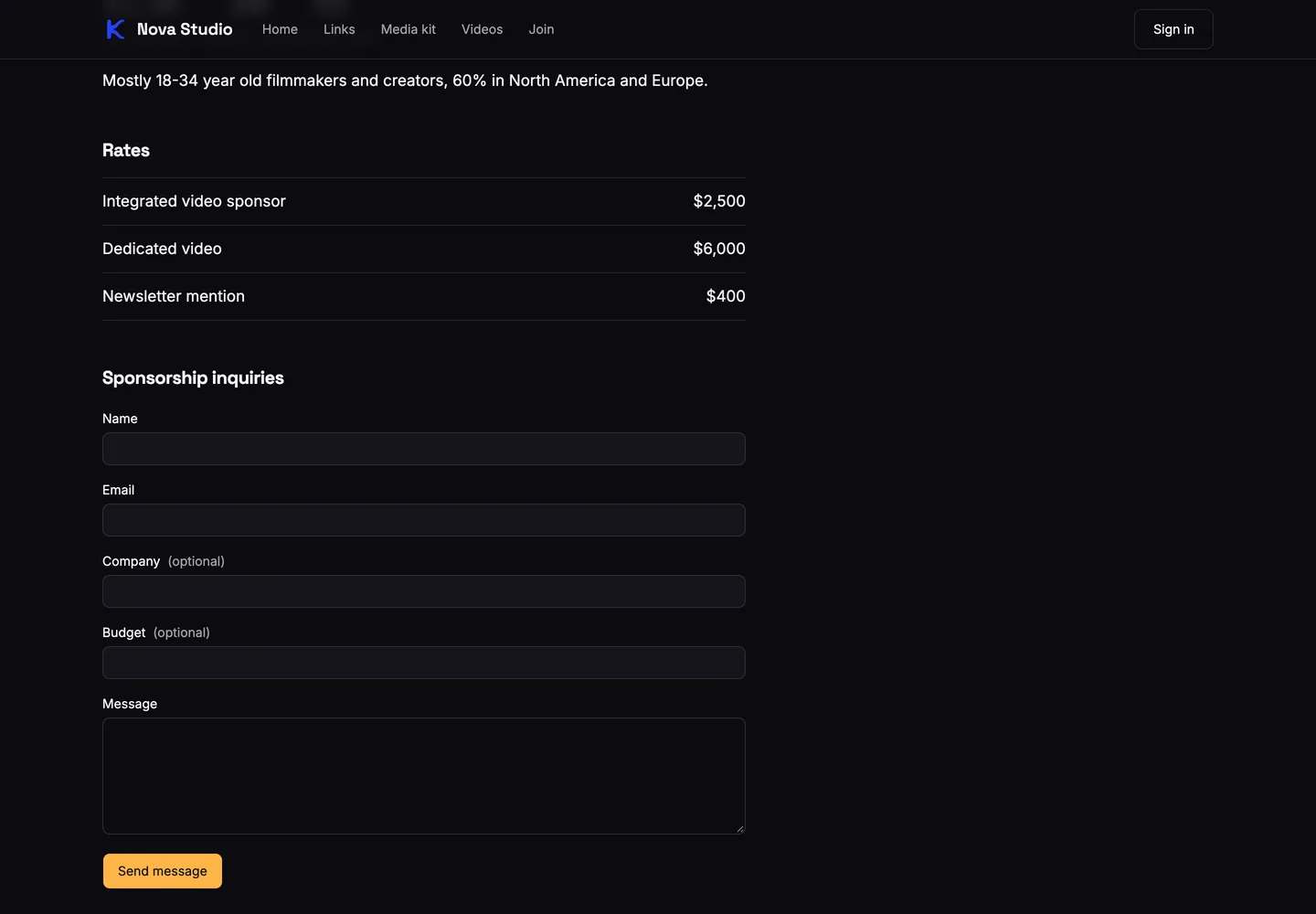 The rates and sponsorship inquiry form on a creator's public media kit.