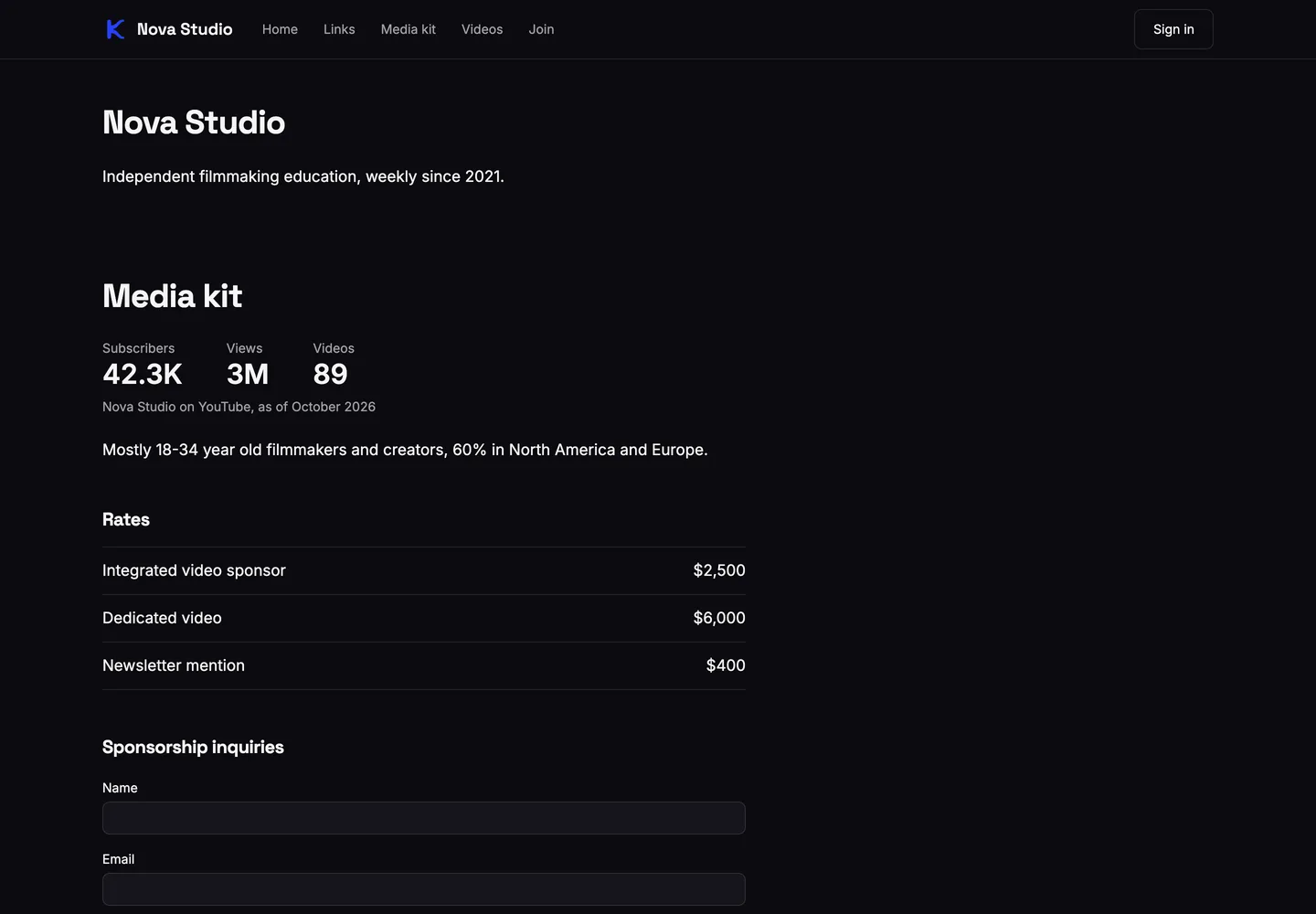 A creator's public media kit with subscriber, view and video counts, audience notes and sponsorship rates.