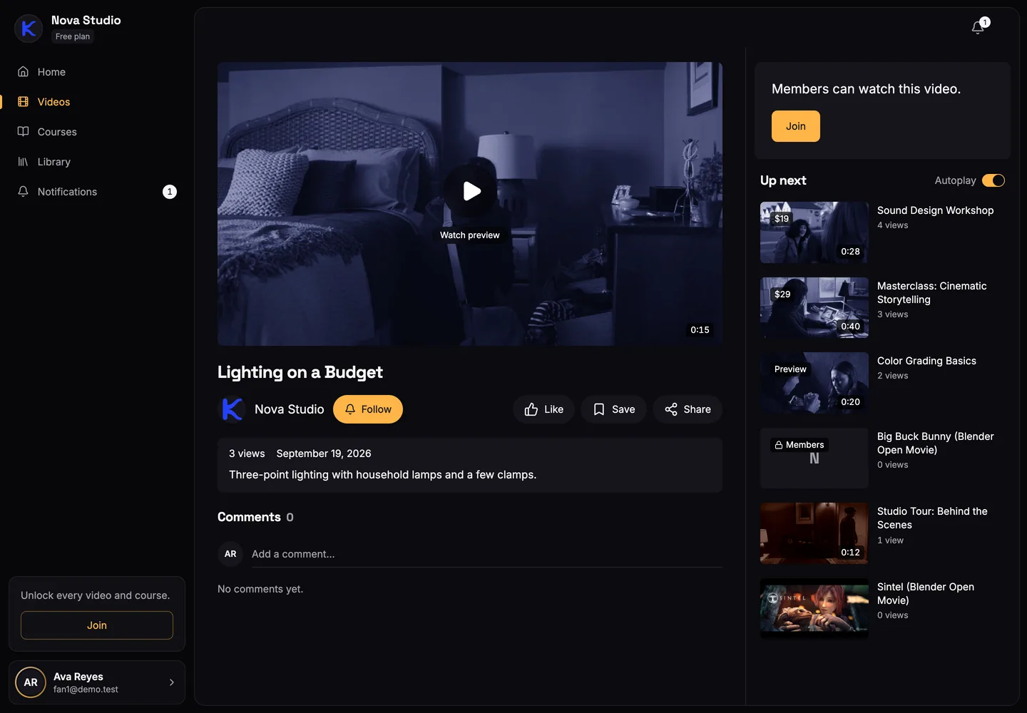 A members-only video on a creator's site showing a free preview, with a prompt that members can watch the full video and a Join button.