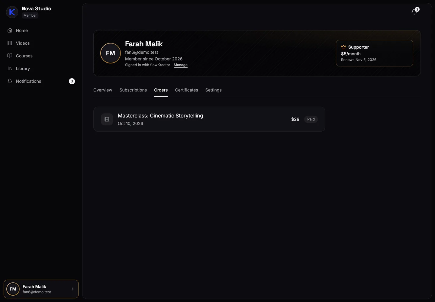 The Orders tab in a fan's account, listing a purchase with its price, date and paid status.