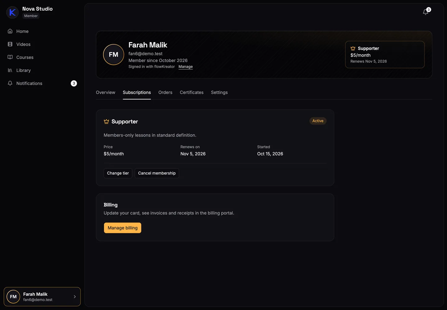 The Subscriptions tab in a fan's account showing their tier, price, renewal date and a link to the billing portal.